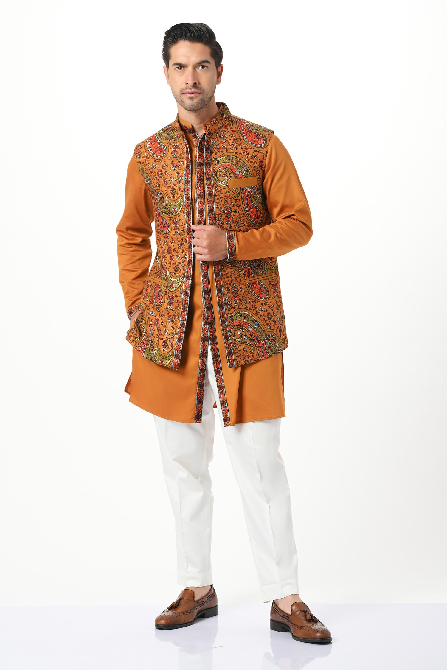 Buy Yellow Silk Embroidery Paisley Kashmiri Modi Jacket For Men by ...