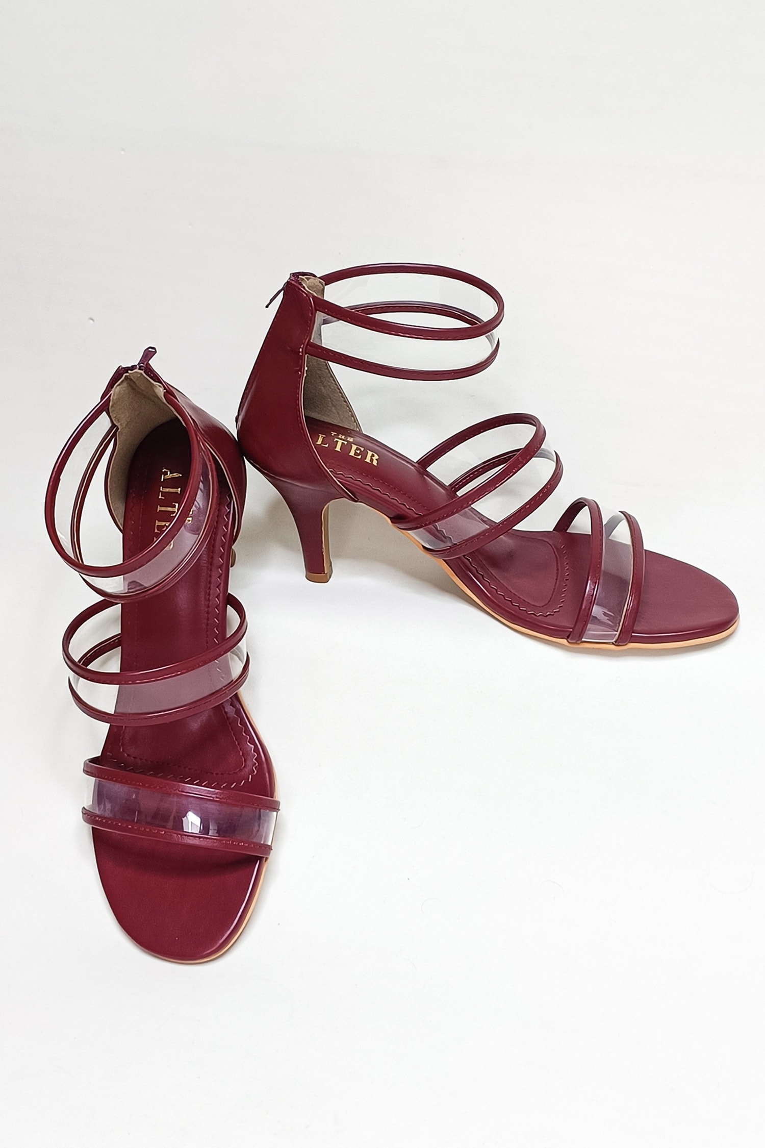 Buy Maroon Triple Clear Strap Stilettos by THE ALTER Online at Aza