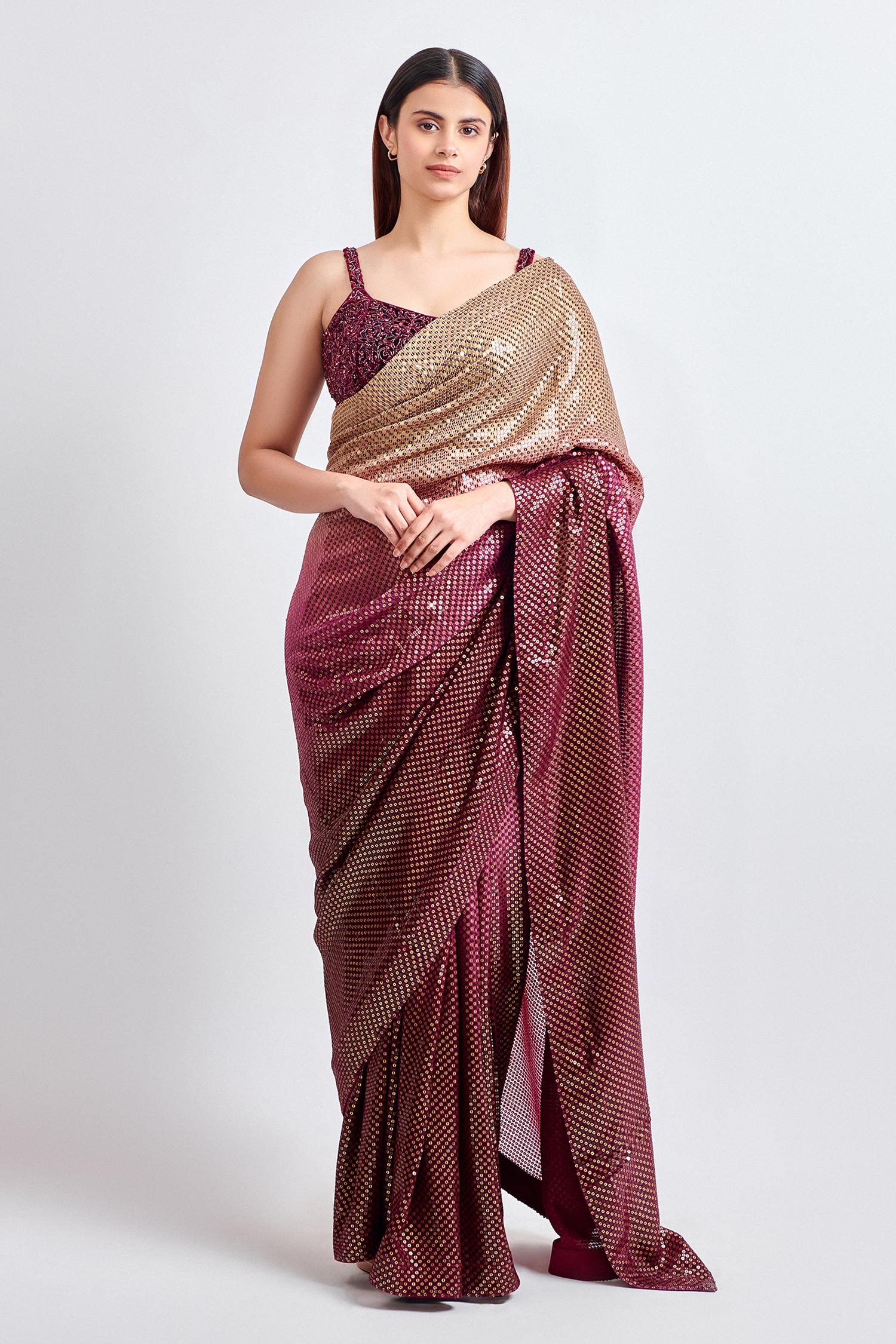 MeenaGurnam - Wine Georgette Embroidery Sequin Embellished Ombre Saree With  Blouse For Women