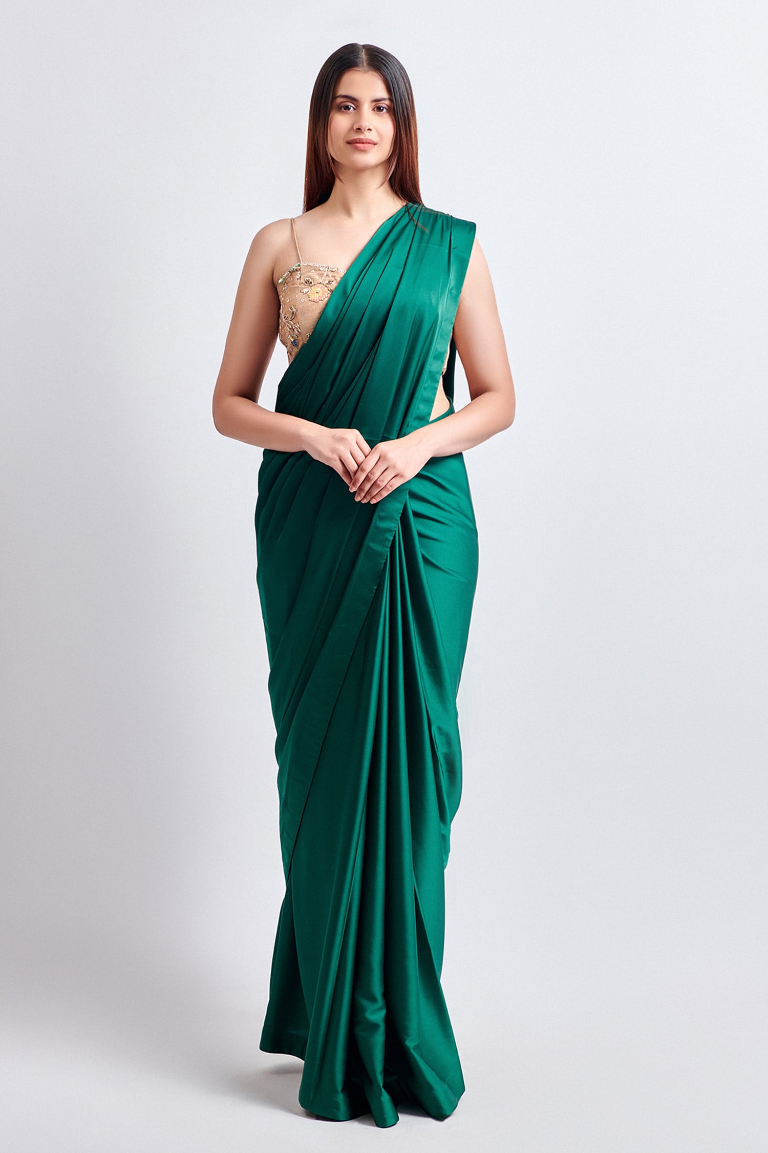 Buy Green Armani Satin Embroidered Sequin Sweetheart Saree With