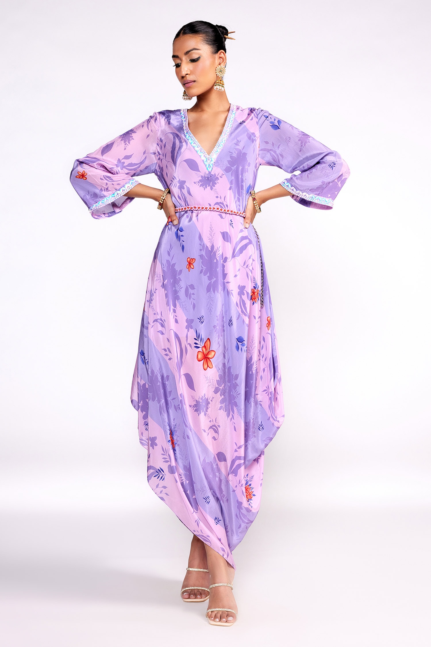 Buy Purple Lining Crepe Printed Floral Deep V Neck Asymmetric