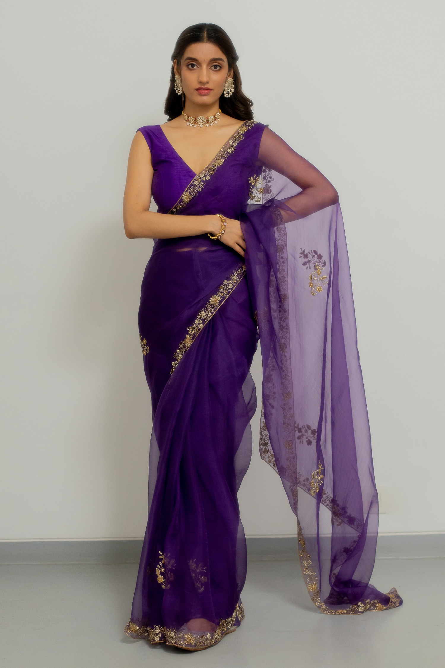 Buy Purple Saree : Silk Organza Hand Meenakshi Border With Blouse For ...