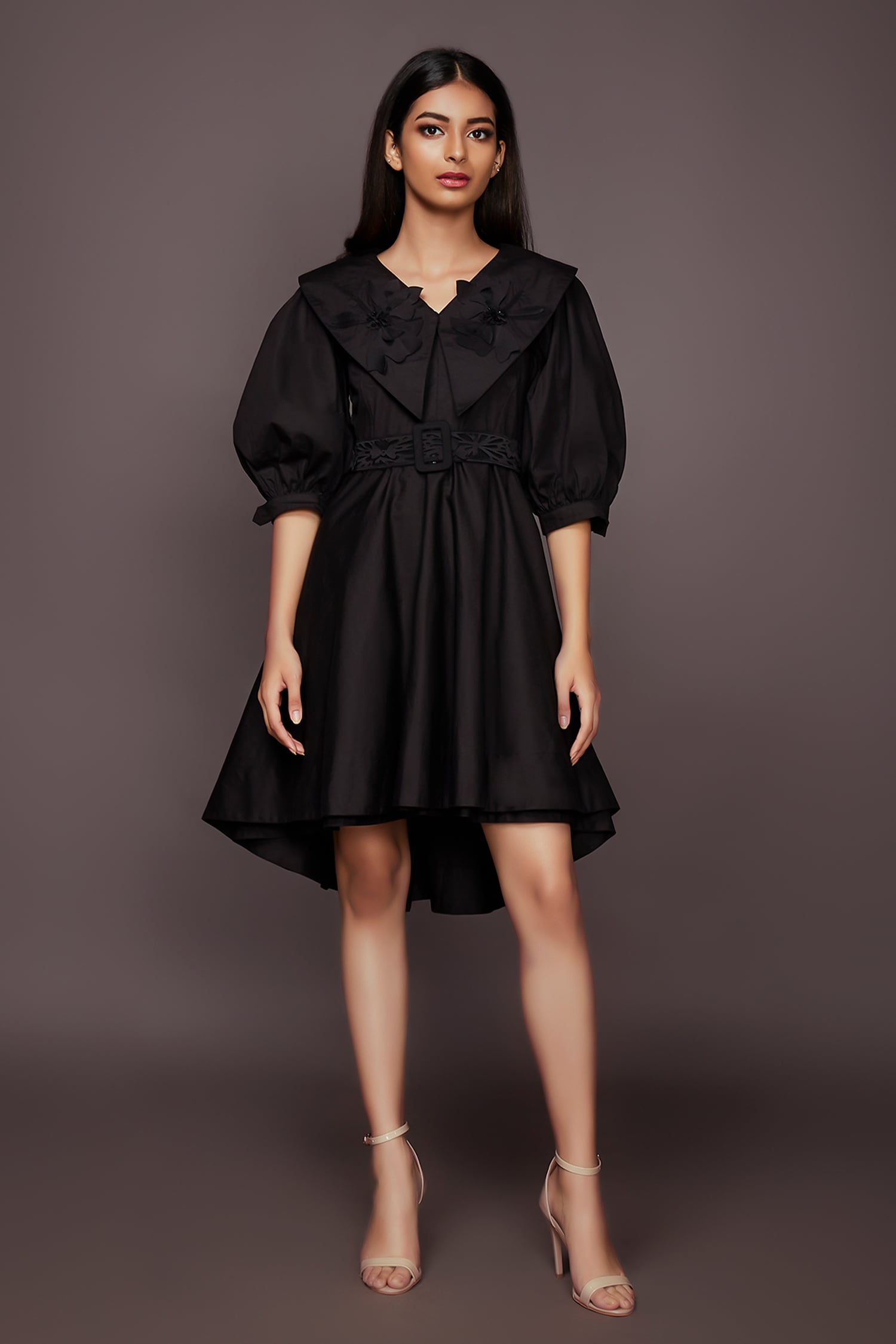 Buy Black Cotton Embroidery Floral Collared Neck Puffed Sleeve Dress 