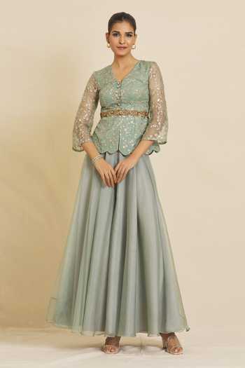 Green Embroidered & Sequins Round Neck Straight Top Palazzo and Dupatta Set