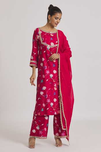 Women Chanderi Kurta Palazzo Dupatta Set