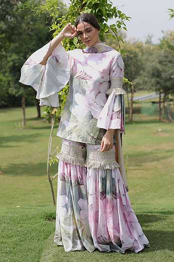Girls Floral Printed Sleeveless Georgette Straight Kurta With Sharara & Dupatta