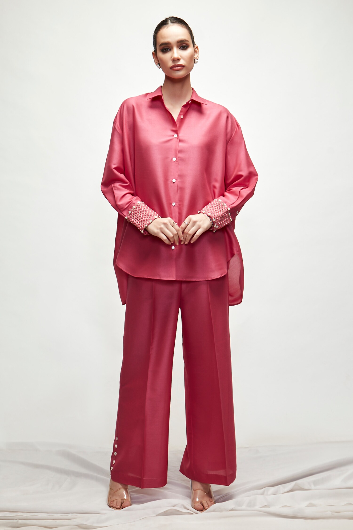 Buy Ranian Pink Silk Blend Button Down Shirt And Pant Set Online Aza