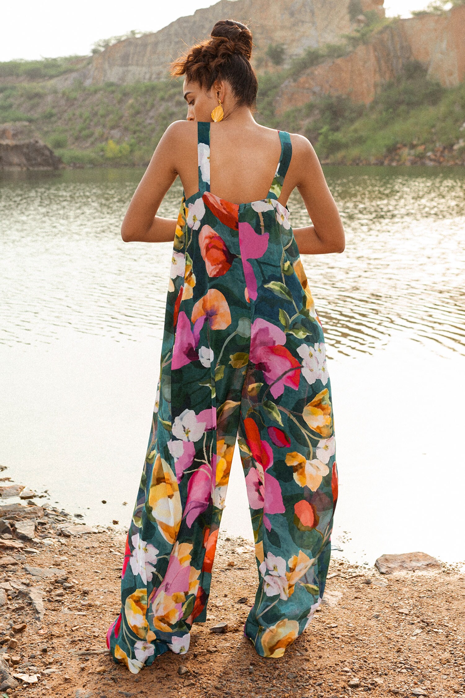 Buy Green Crepe Printed Botanical V Neck Flared Jumpsuit For Women