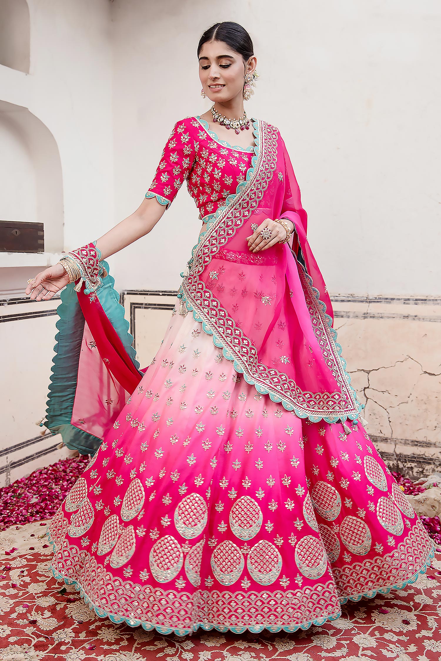 Buy Pink Pure Spun Silk Embroidered Resham Round Lehenga Set For Women