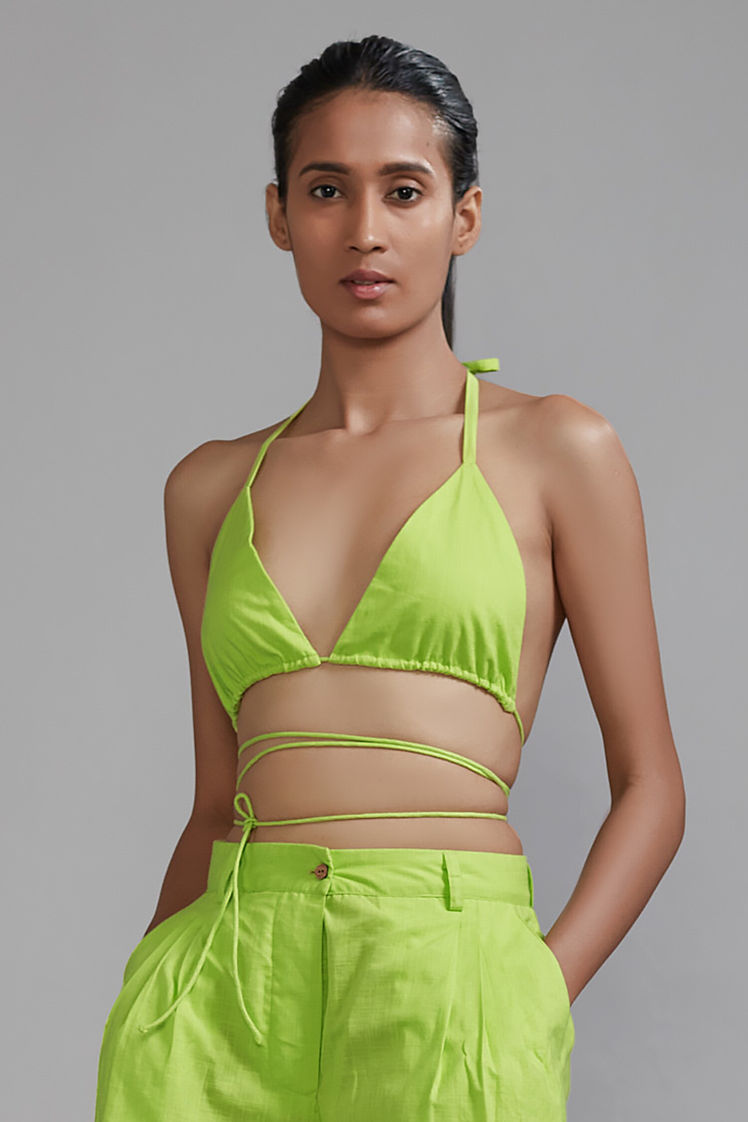 Buy Green 100% Cotton Plain Plunged V Neck Overlap Bralette And Shorts Set  For Women by Mati Online at Aza Fashions.