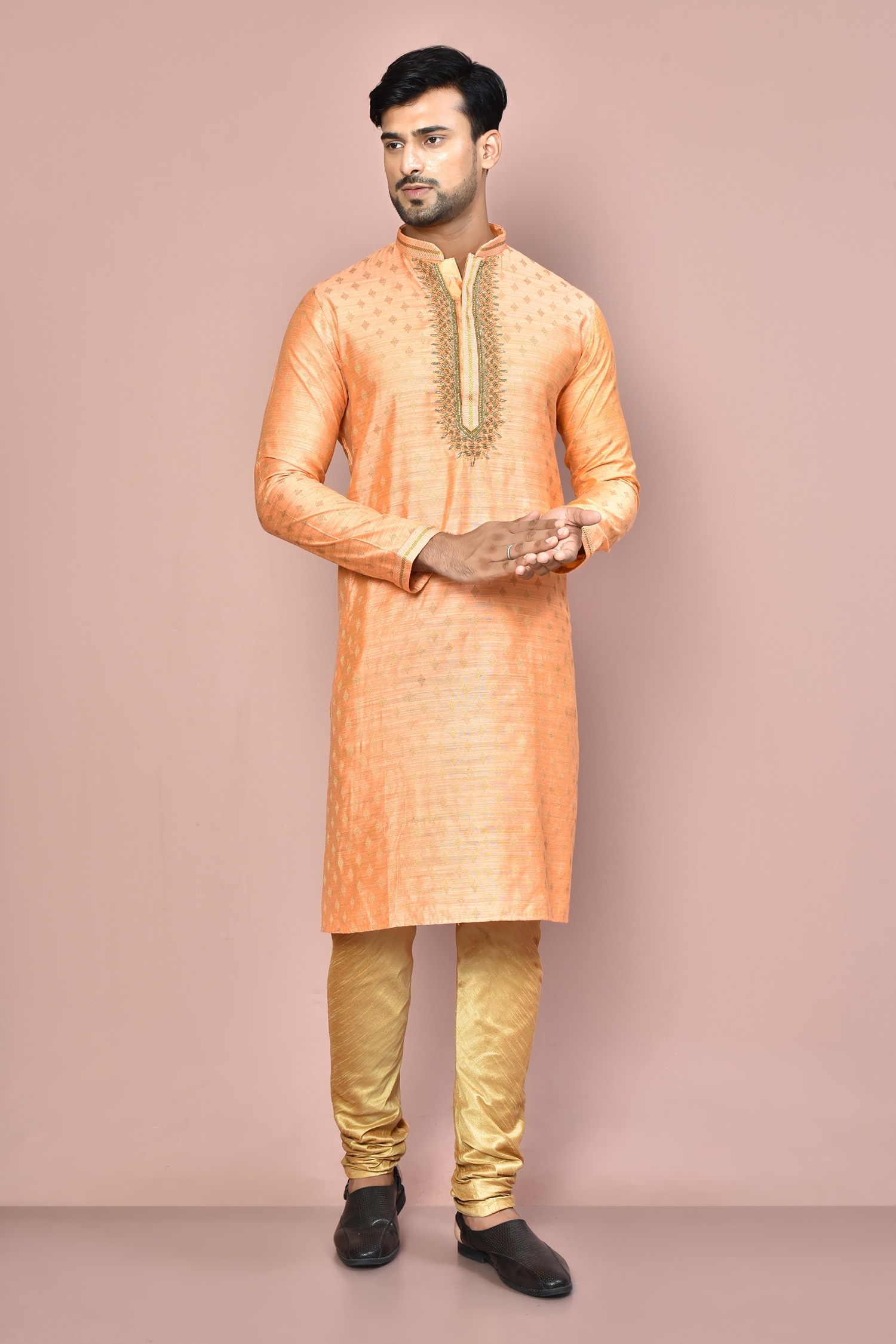 Arihant Rai Sinha Orange Cotton Silk Embroidered Zardosi Hand Work Straight Kurta For Men