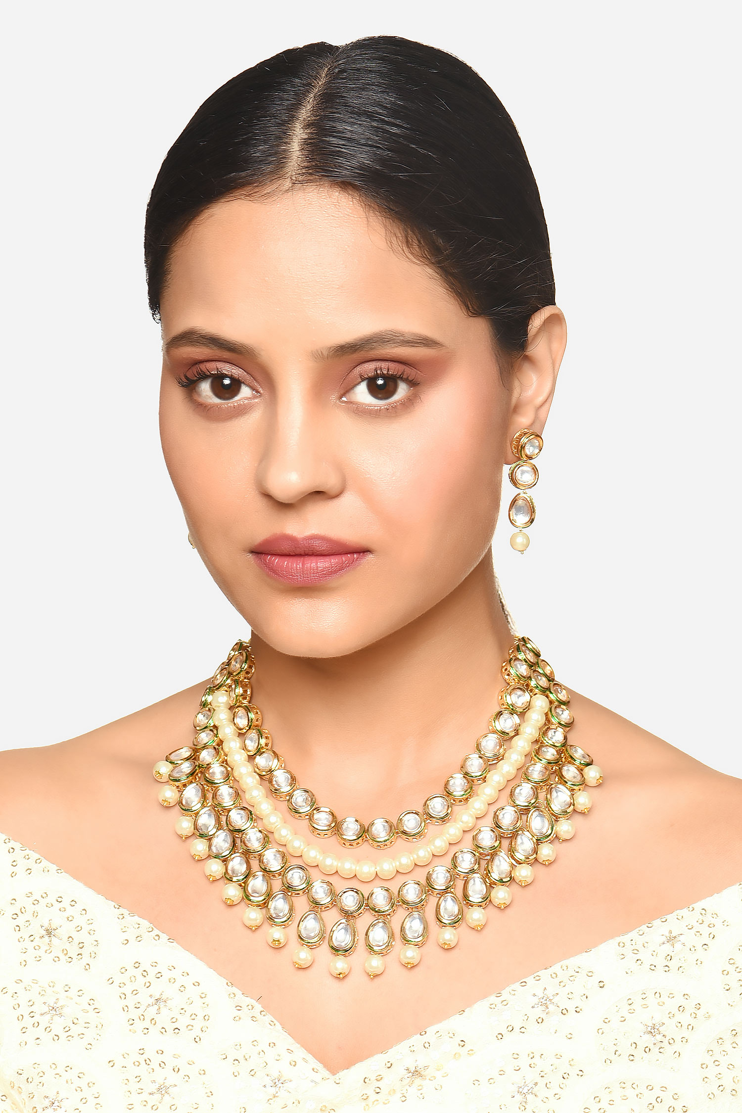 Buy White Kundan And Pearl Embellished Meenakshi Layered Necklace Set