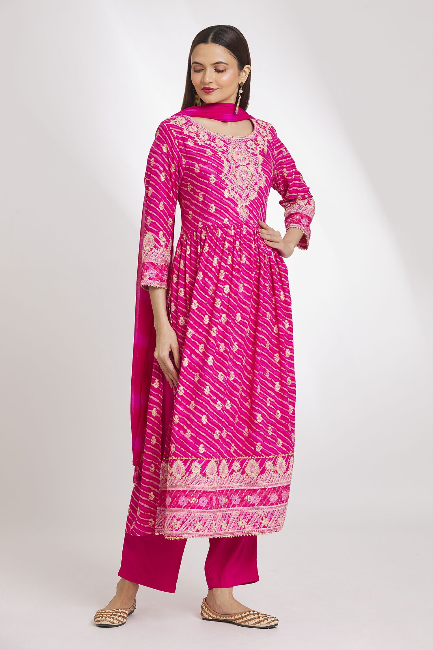 Buy Pink Kurta: German Rayon Embroidery Sequin Round Leheriya Pant Set ...