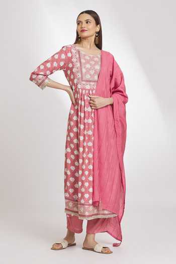 Gudhal Rose Pink Linen Block Print Kurta Set main image 1