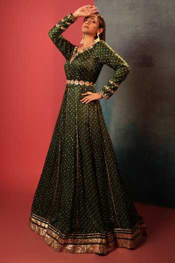one shoulder festival dress Buy Dark Green Jacquard Silk Anarkali Suit With Festive Jacket Overlay main image 0