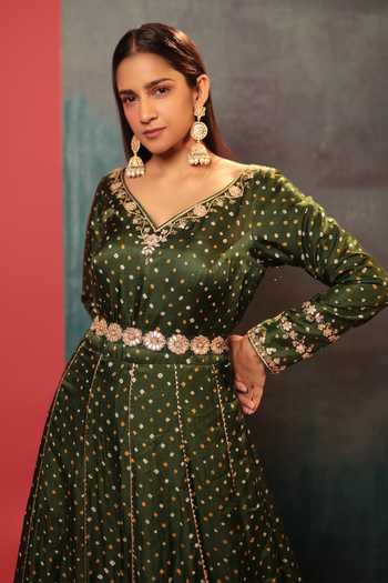 one shoulder festival dress Emerald Green Chiniya Silk Anarkali Set main image 1