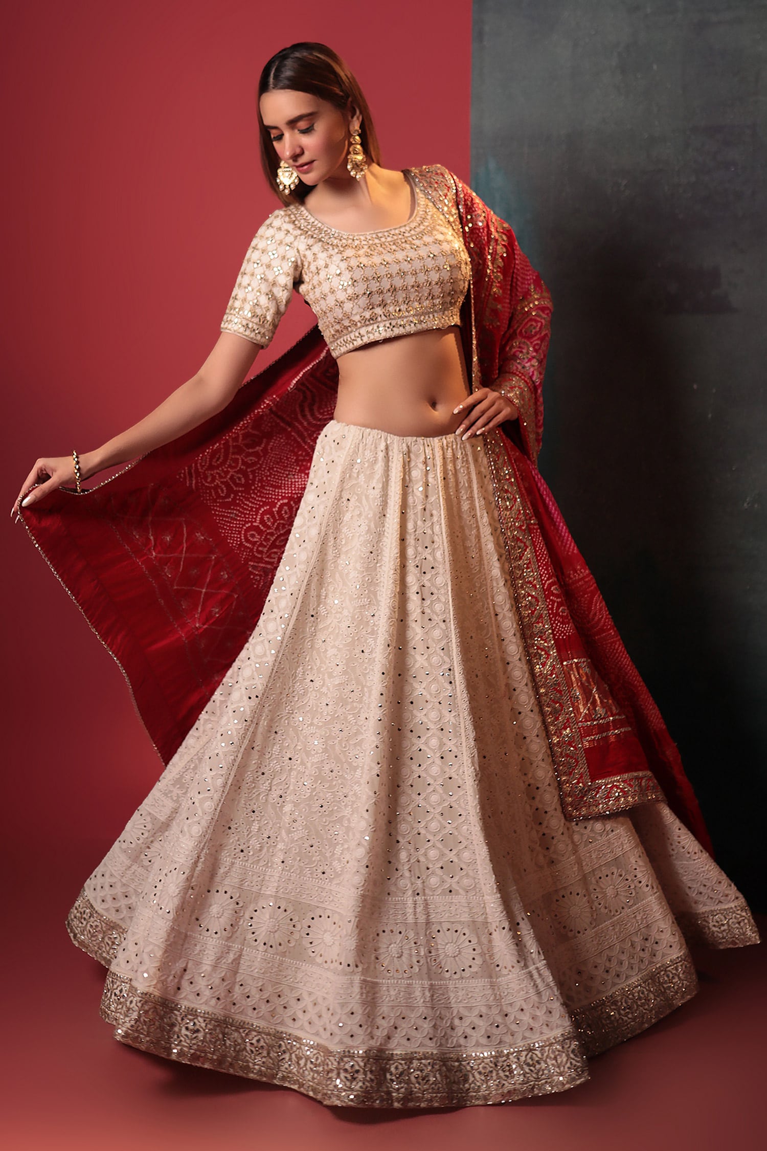 Buy SHUBHKALA White & Red Silk Lehenga and Choli Set With Dupatta for Women  Online @ Tata CLiQ