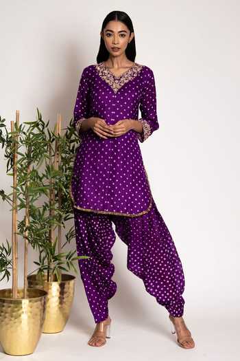 Purple Bandhani Muslin Kurta Set with Lace Work main image 0