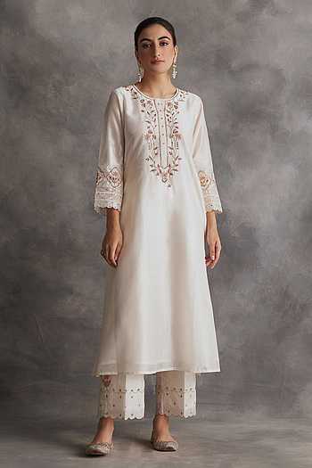 Off white silk Chanderi straight long kurta dress set with contrast silk thread embroidery