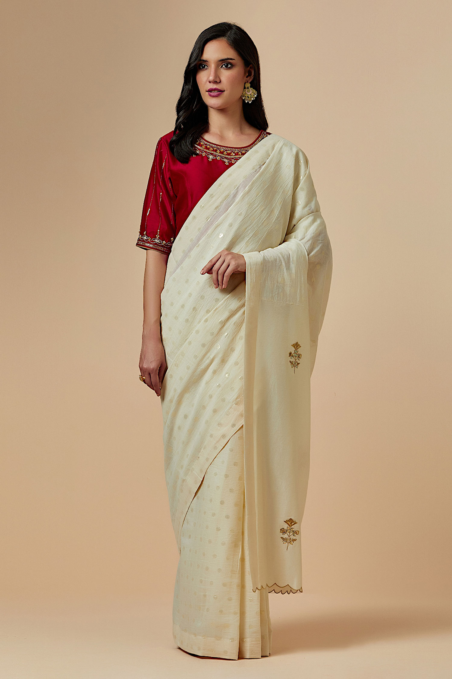 Pure White Linen Saree with Red Kalamkari Blouse | AlankaranaIndia