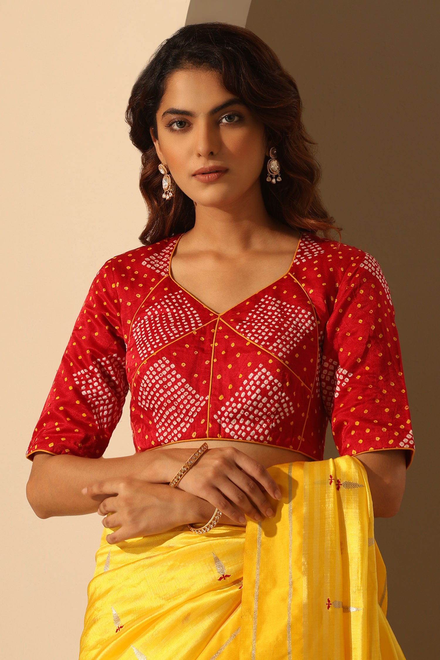 Buy Red Gajji Silk Printed Bandhani V Neck Blouse For Women by Weaver Story Online at Aza Fashions.