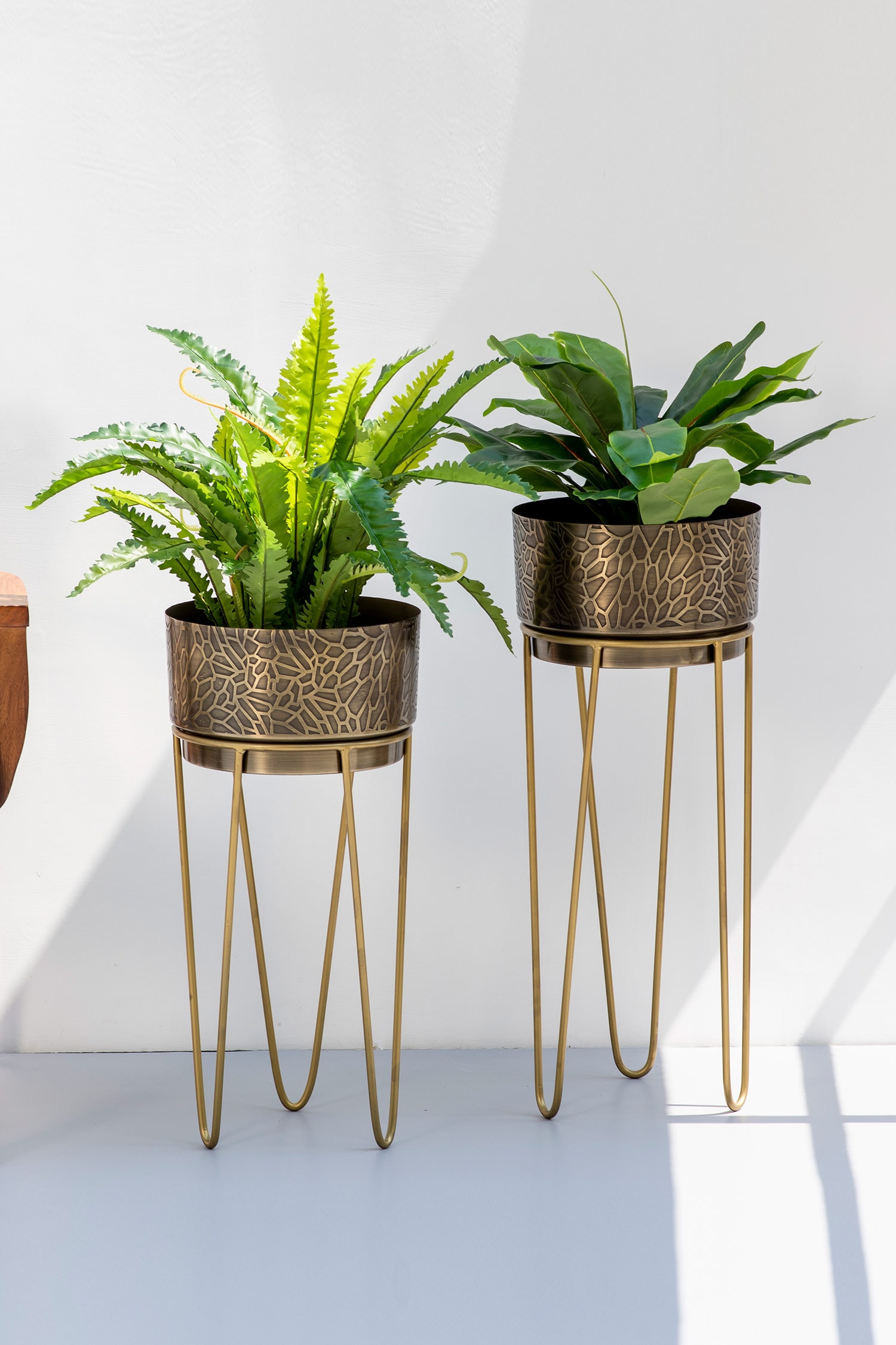 The Decor Remedy Gold Iron Mia Etched Planter With Stand Set Of 2