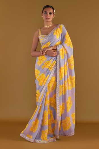 Lavender Printed Cotton Saree With Unstitched Blouse Piece main image 0
