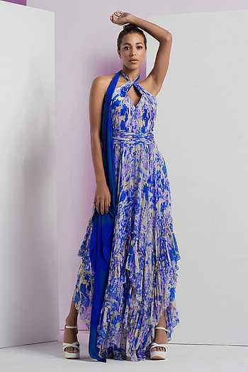 Buy Blue Chiffon Halter Neck Pansy Daisy Print Asymmetric Dress For Women  by Mandira Wirk Online at Aza Fashions