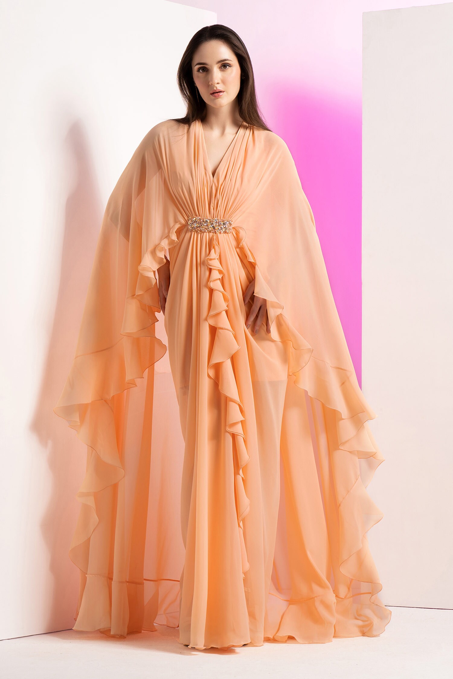 Peach Georgette Drape Dress – ADI