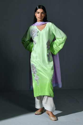 Women Multicolor Rayon Pakistani Embroidered Kurta with Pant & Embroidered Dupatta Premium Luxury
