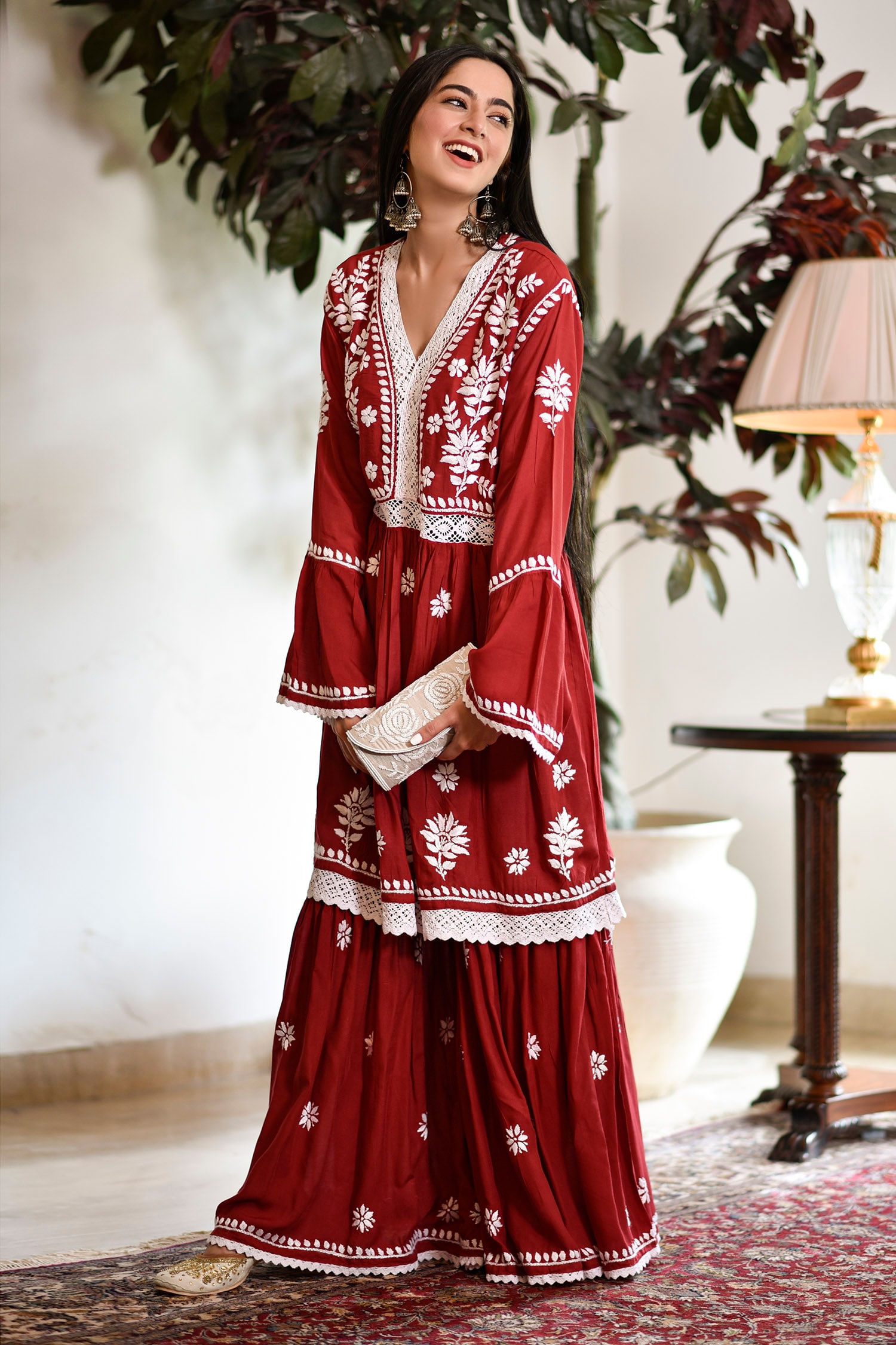 Buy House of Chikankari Maroon Modal Zuma Floral Chikankari Hand