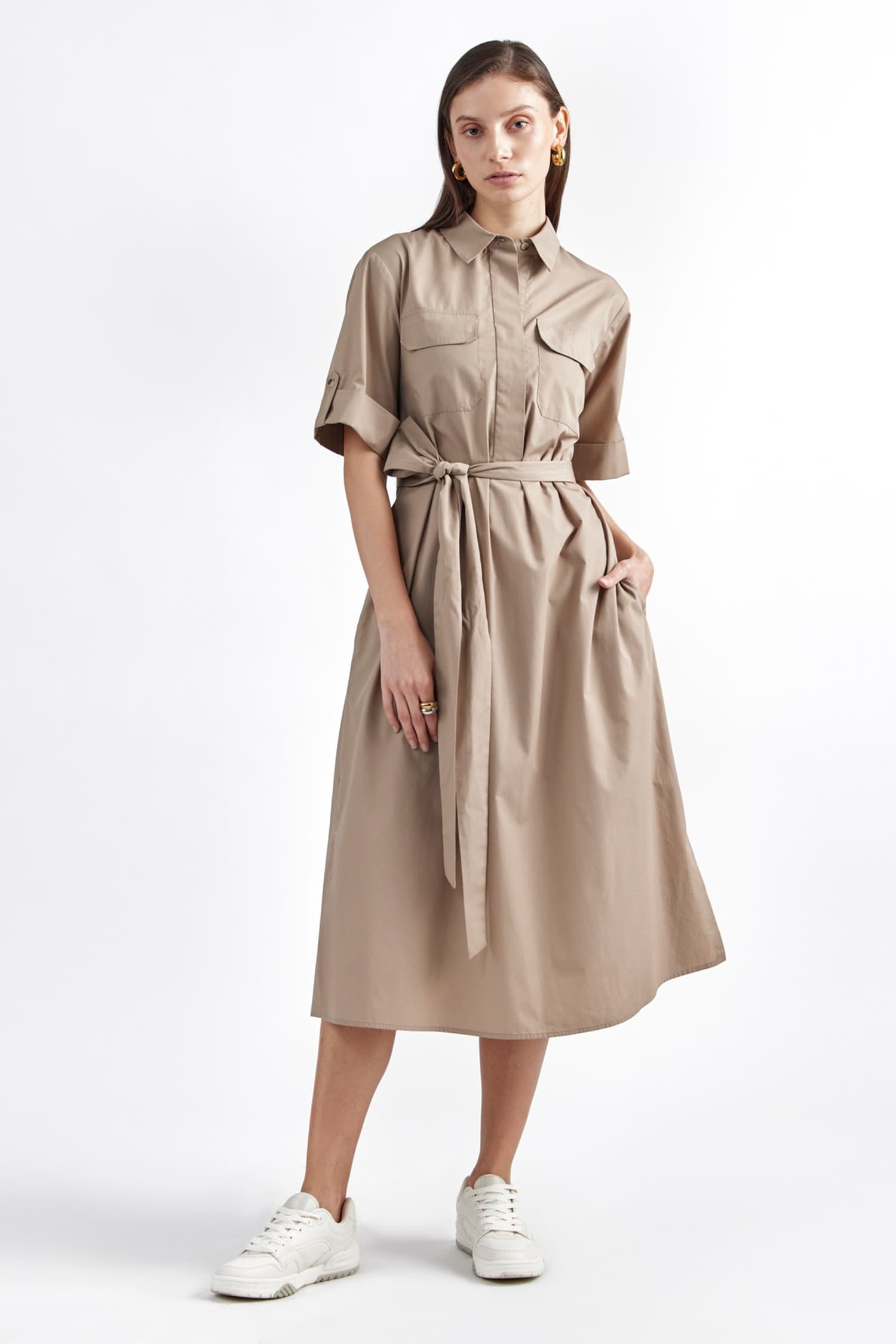 Buy Brown 65% Terylene Solid Collar Midi Dress For Women by PERONA ...