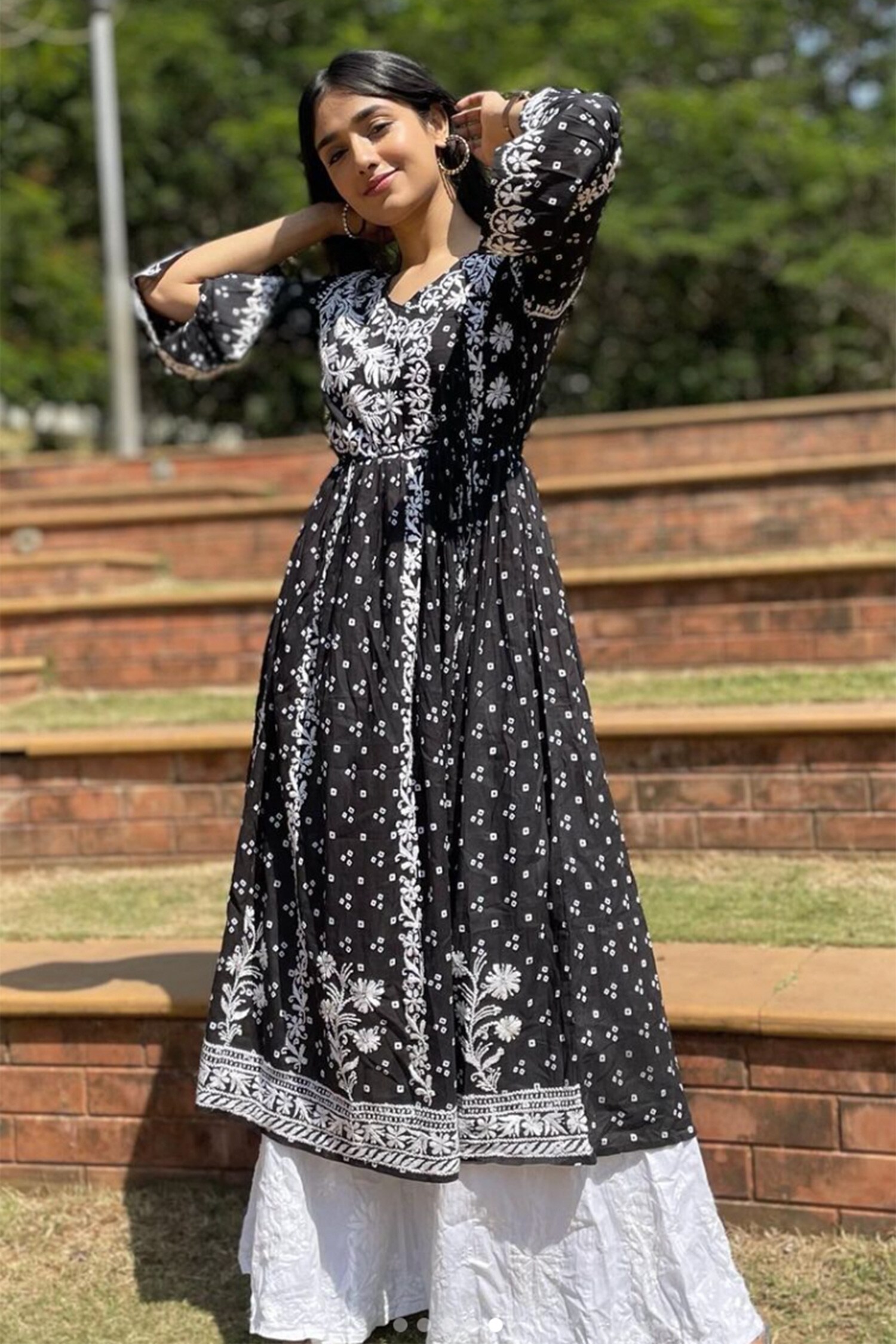 Buy House of Chikankari Black Naji Chikankari Work Mulmul Angrakha