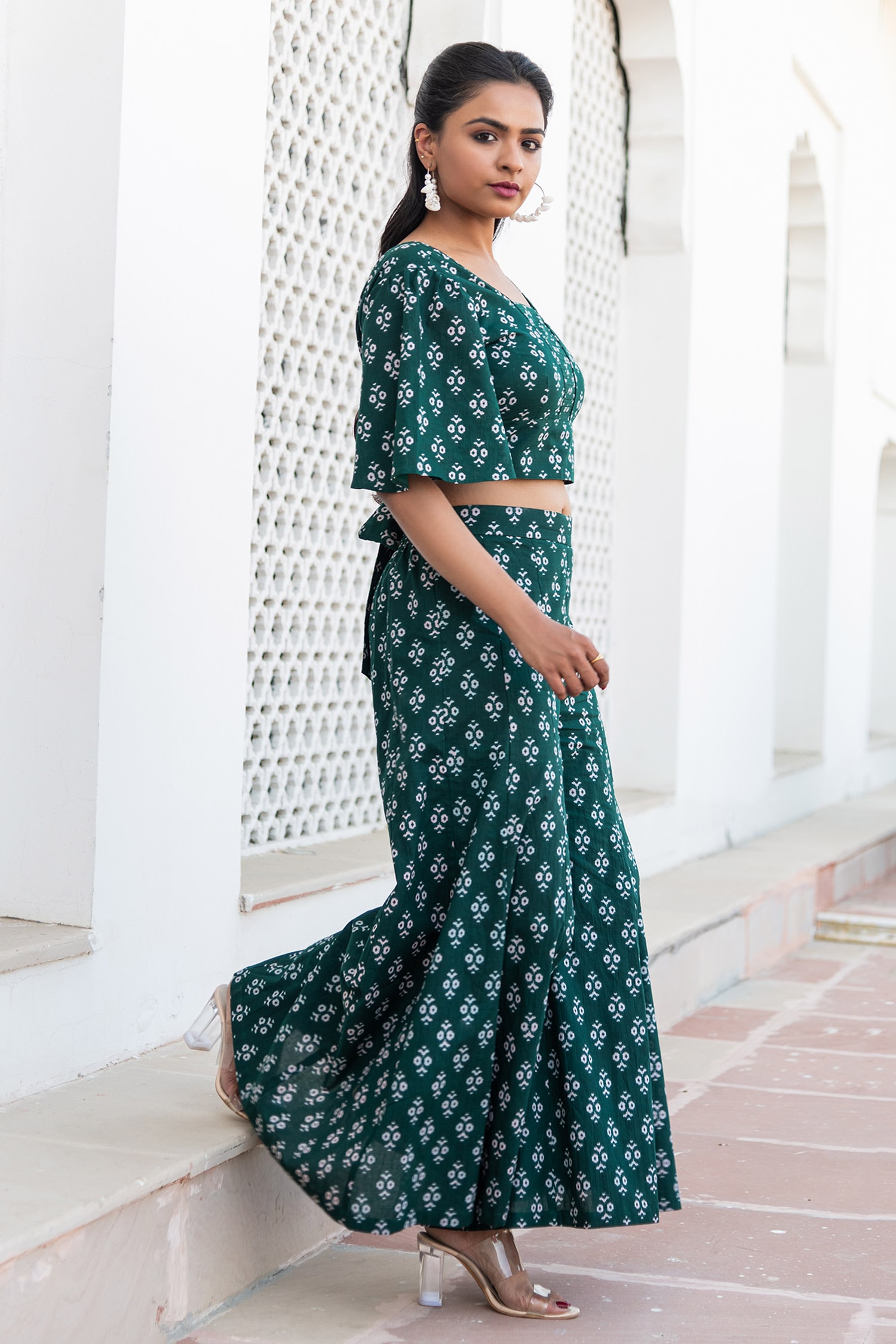 Buy Green Cotton Printed Blunt V Crop Top And Flared Pant Set For