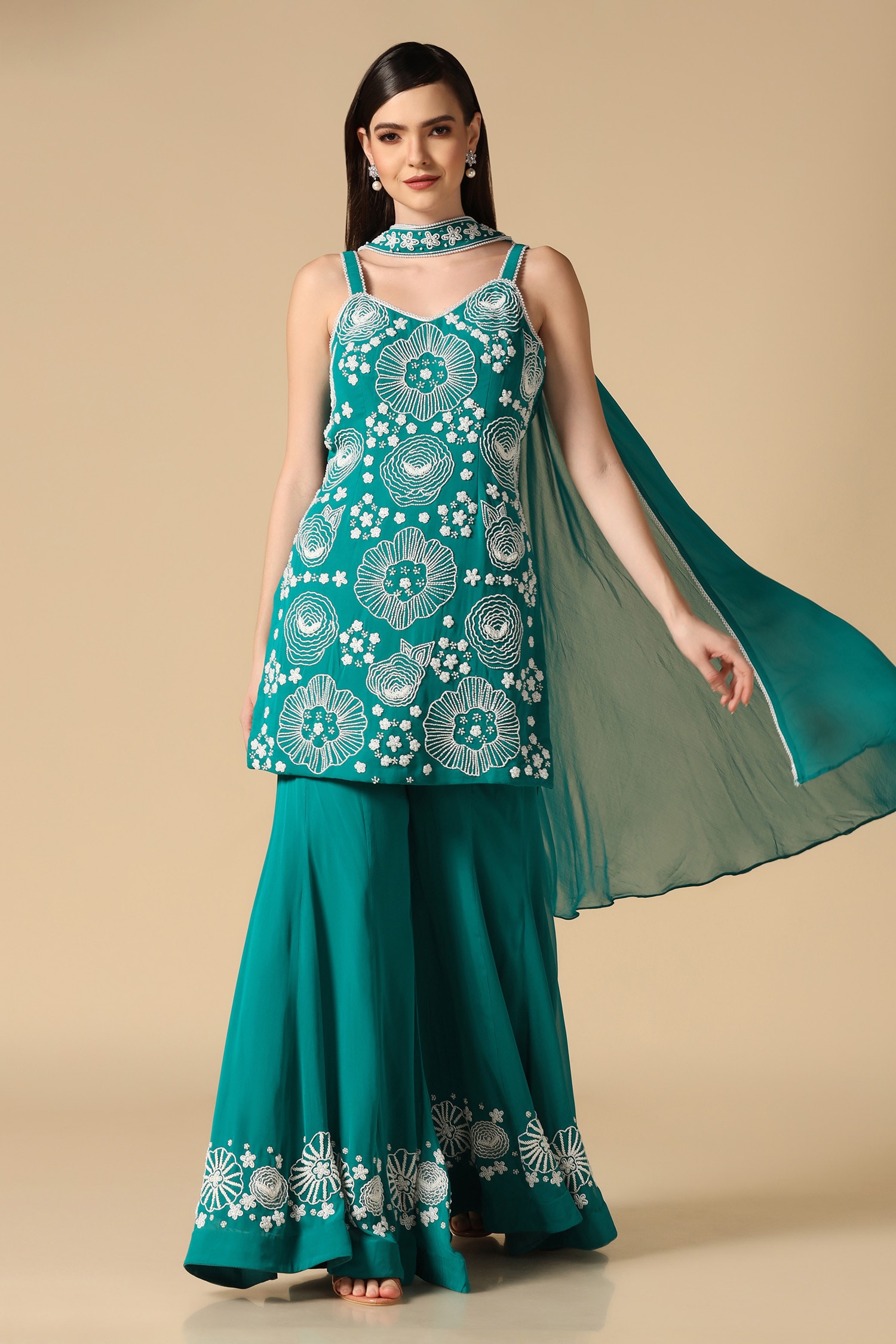 Buy Two Sisters By Gyans Green Georgette Floral Pearl Embroidered Kurta ...