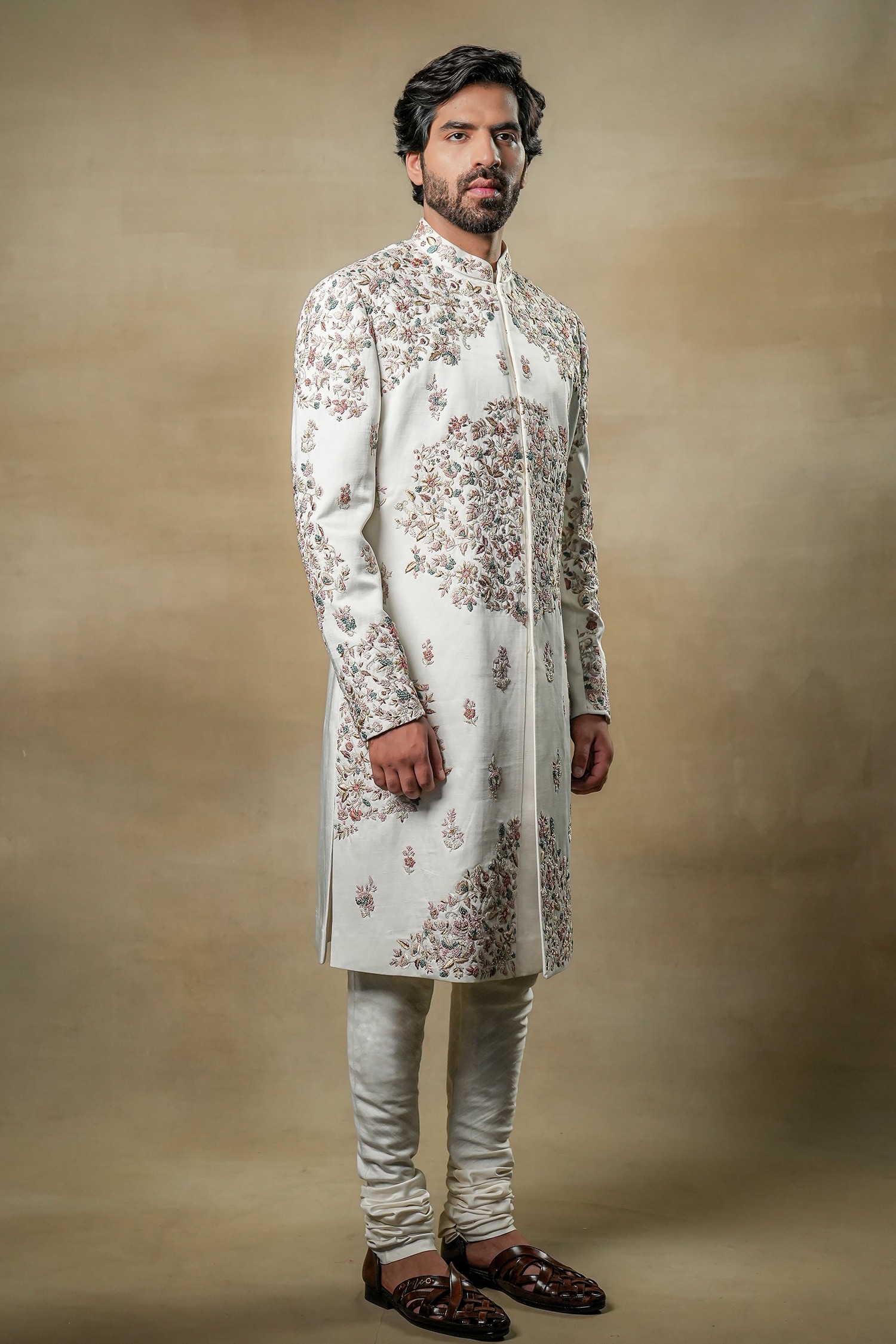 Buy Jatin Malik Ivory Linen Silk Opaline Floral Bloom Work Sherwani Set