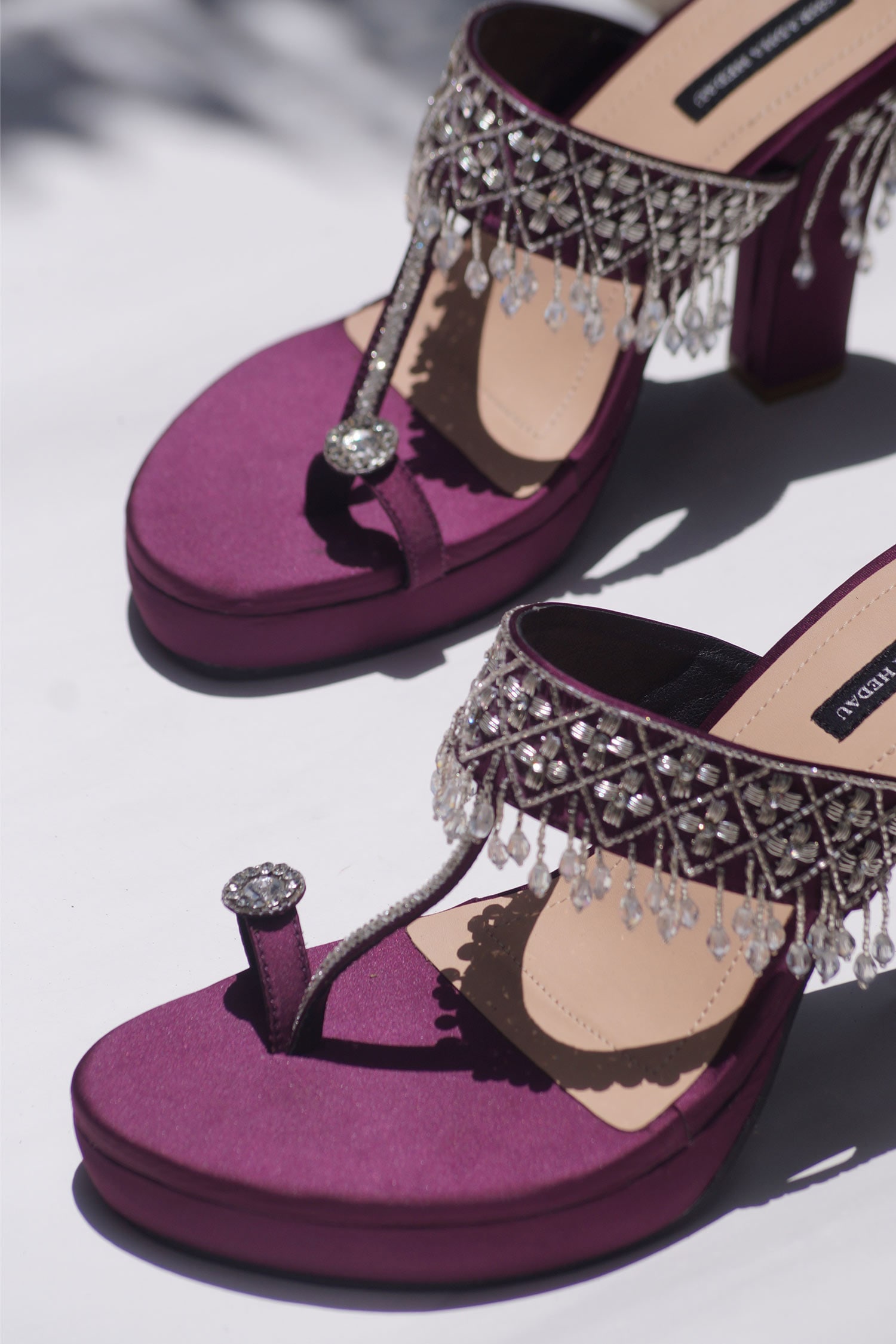 Buy Purple Marlene Satin Embellished Heels by Shradha Hedau Footwear