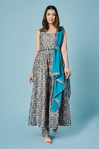 Women Blue Floral Chanderi Anarkali Skirt