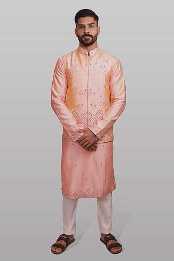 DARK CORAL AND SAANJH STRIPES REVERSIBLE BUNDI