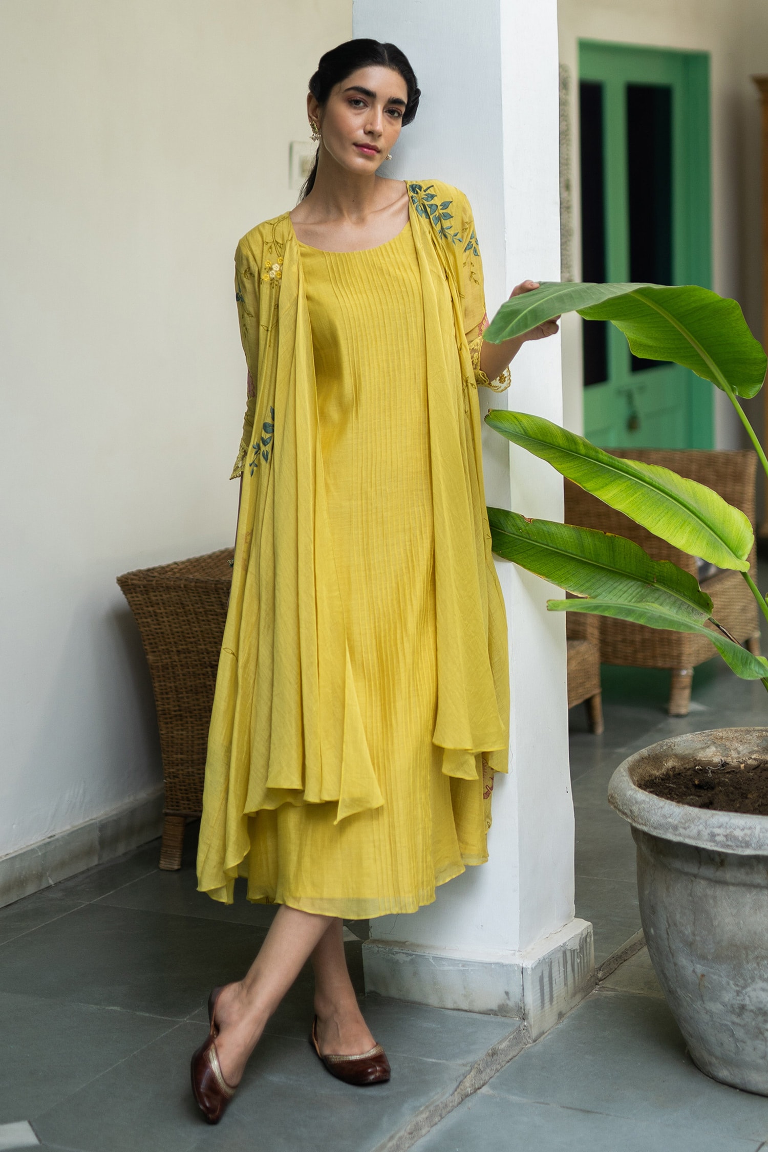 Buy Vaayu Yellow Muslin Cotton Floral Applique Jacket Dress Online ...
