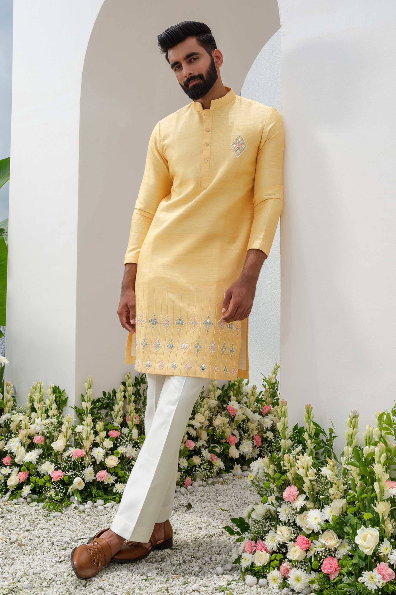 Buy Yellow Kurta Raw Silk Floral Placement With Bell Bottom Pant For Men by Amrit  Dawani Online at Aza Fashions.