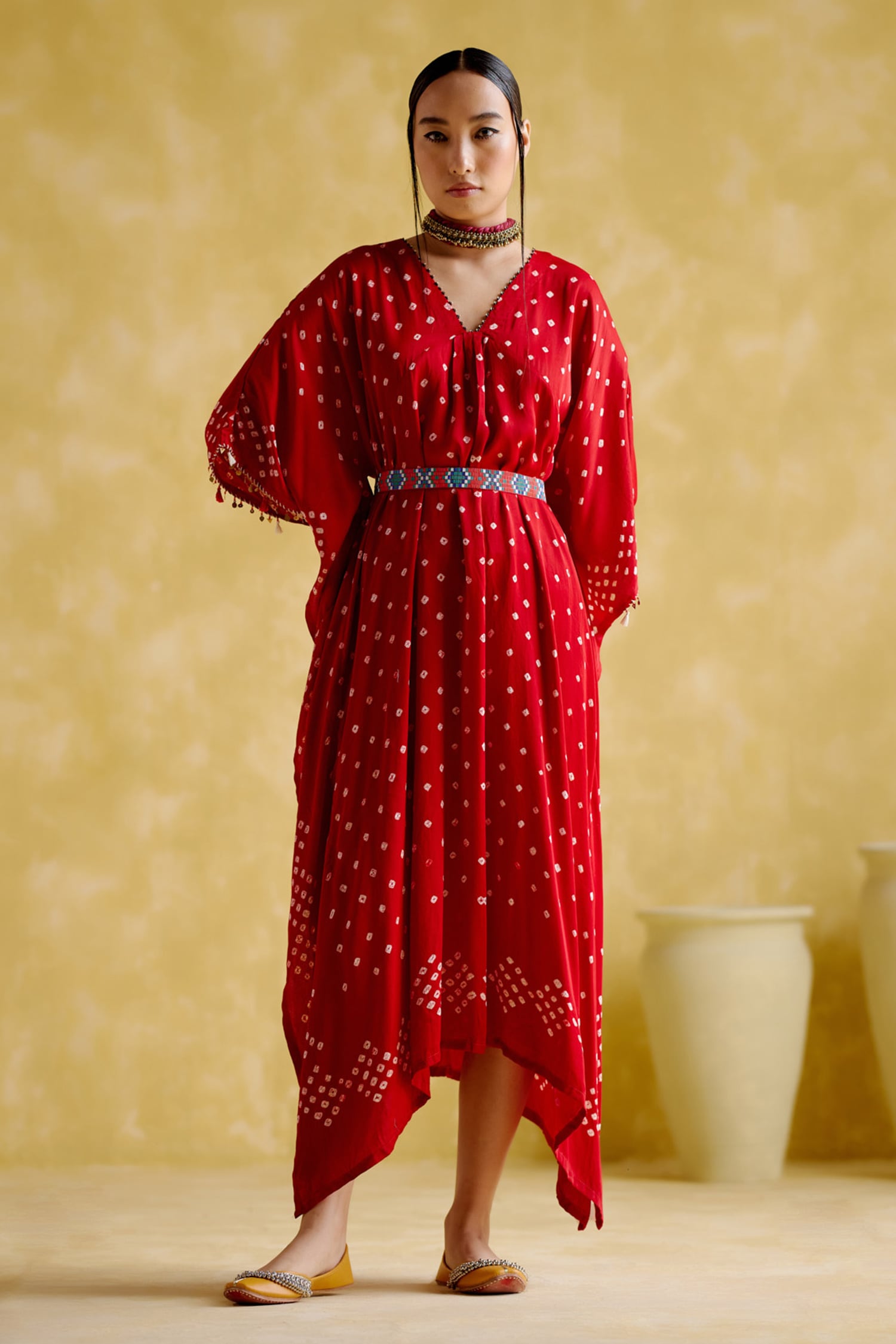 Buy Red Modal Satin Lagdi Patta Printed Bandhani V Neck Annika Kaftan With Belt For Women By 