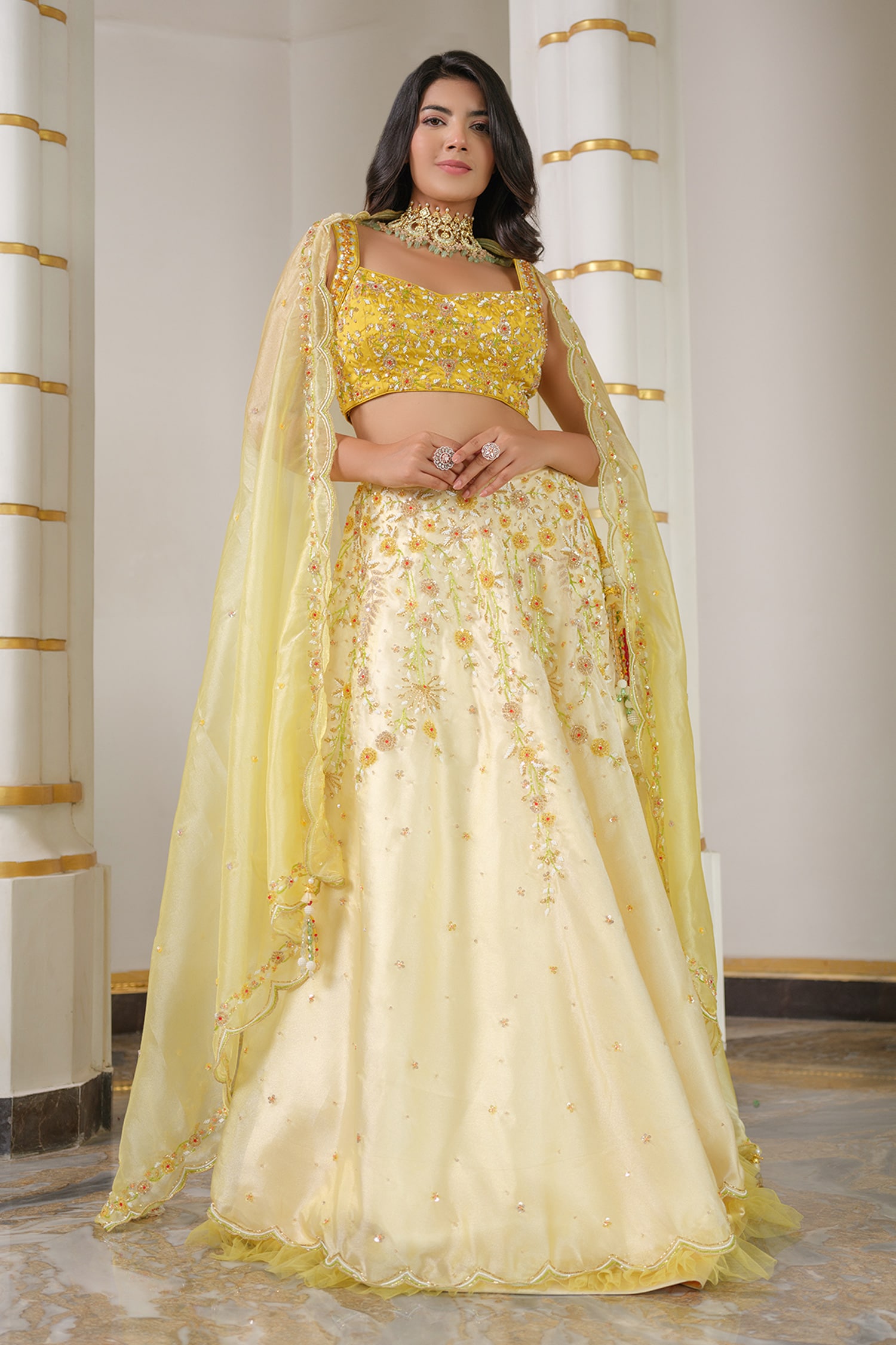 Buy Yellow Heavy Satin Hand Embroidered Sequin Floral Bead Lehenga Set For Women by Tamaraa By ...
