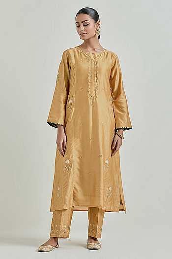 Women Multicolor Rayon Yellow Chanderi Hand Embroidered Kurta with Pant & Dupatta Set.