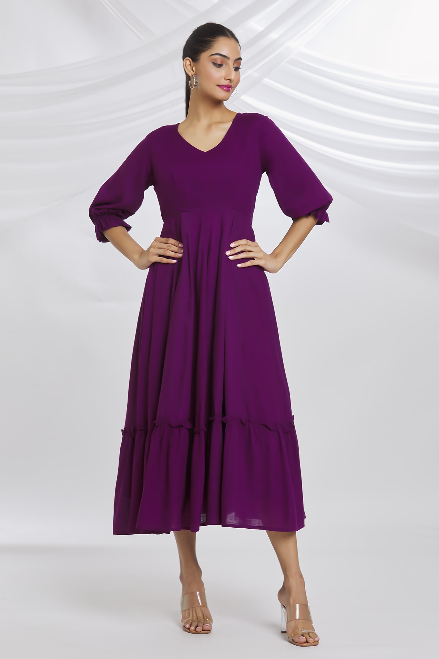 Buy Purple Cotton Plain V Neck Slub Flared Dress For Women by Samyukta ...