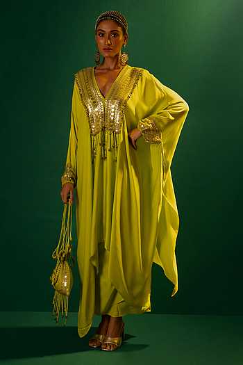 Real Mirror Work Kaftan Set in Moss Satin – Festive Collection