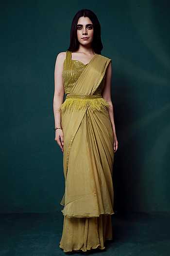 Women's Chiffon Light Green Embellished Designer Saree With Blouse Piece