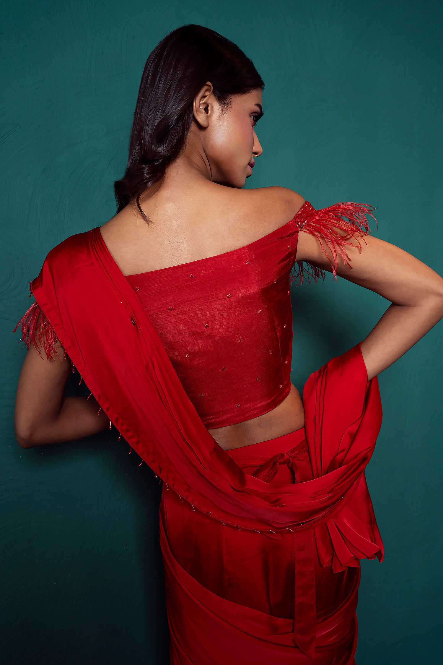 fuchsia pure katan silk saree with power shoulder blouse Design by Neha &  Tarun at Modvey | Modvey