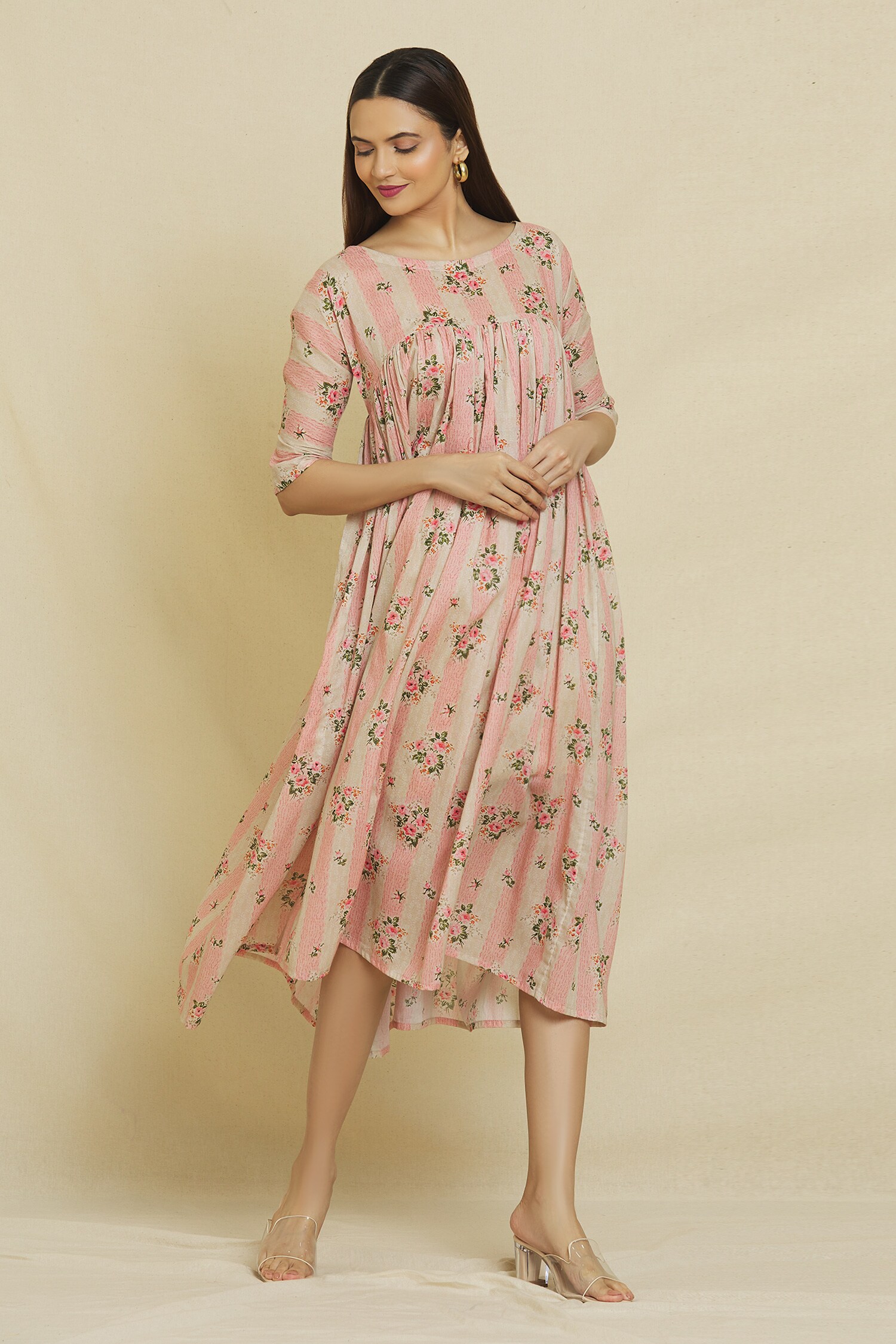 Buy Pink Mulmul Cotton Printed Floral Round Peony Dress For Women By