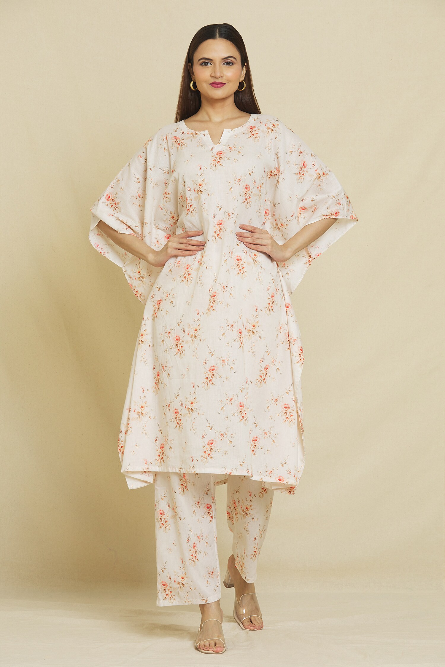 Buy Adara Khan Beige Mulmul Cotton Belle Floral Print Kaftan And Pant Set Online Aza Fashions